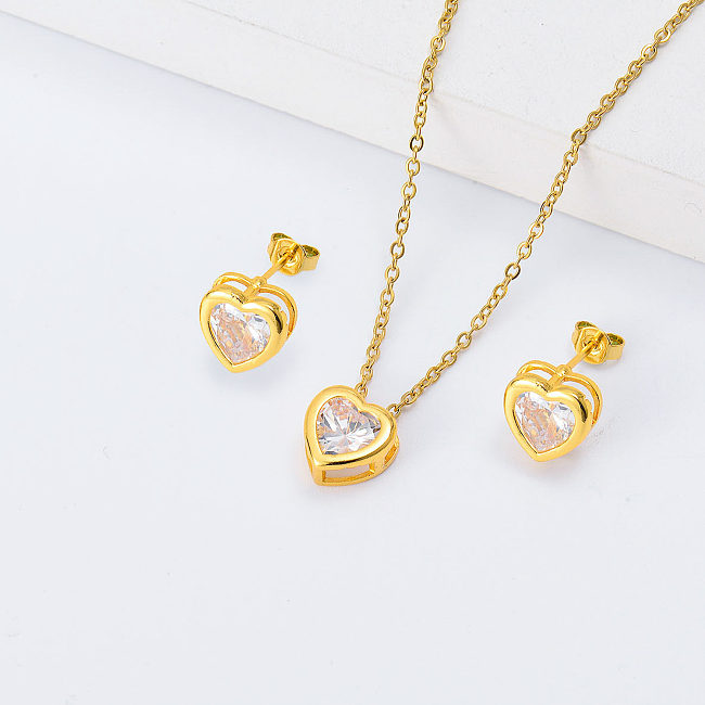 conjunto de joyas de collar de aretes elegantes de circonita de corazón rosa