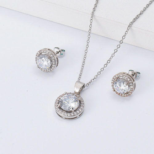 conjunto de joias de noiva de zircônia branca redonda de prata