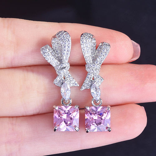 Brincos femininos com laço de diamante de quartzo rosa
