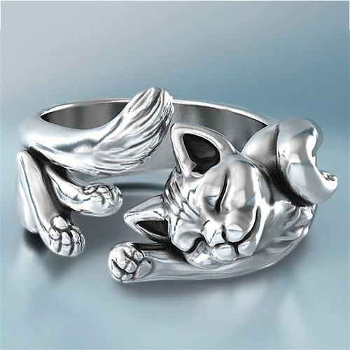 anéis de casal ajustáveis ​​totem de gato banhado a prata