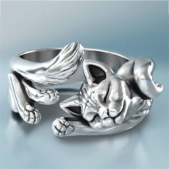 anéis de casal ajustáveis ​​totem de gato banhado a prata