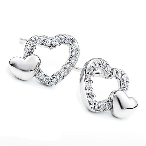 brincos de coração banhados a prata e diamantes para moda feminina