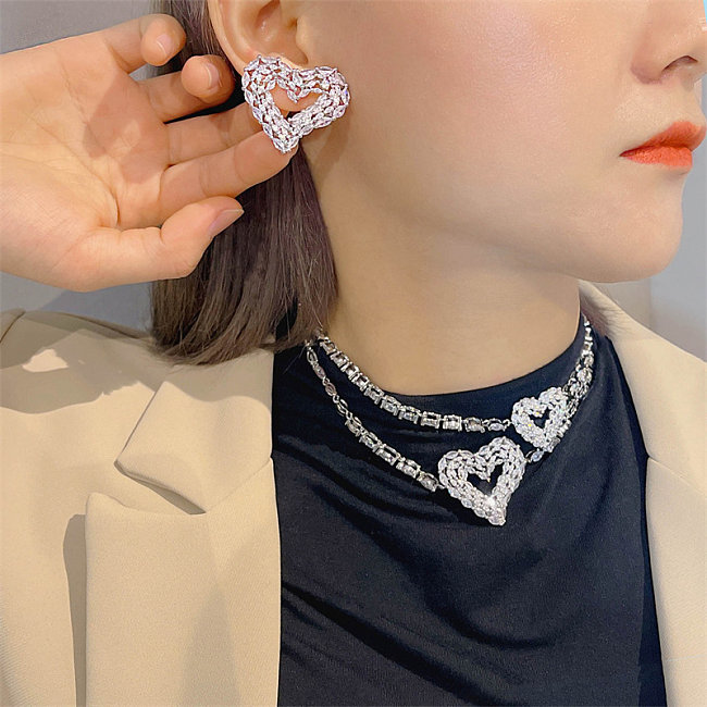 Rosa Zirkonia-Herz-Ohrring und doppellagige Halskette für Frauen
