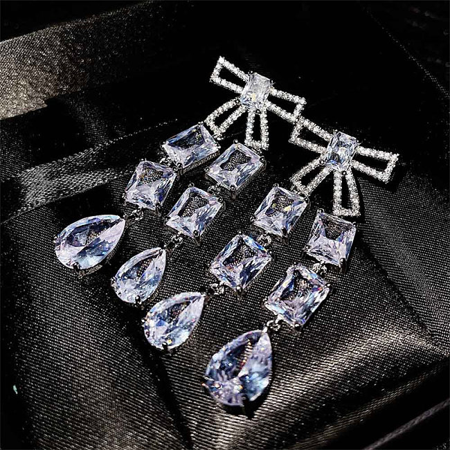 Zircon Drop Earrings with Diamond Bow for Women