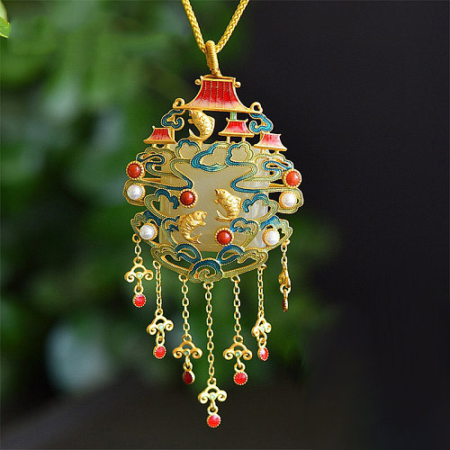 collares chinos antiguos de jade y peces dorados para mujer