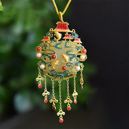 antique chinese jade and gold fish pattern necklaces for women