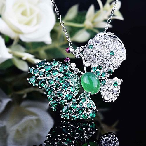 Colar feminino de borboleta de jade verde natural com diamante verde