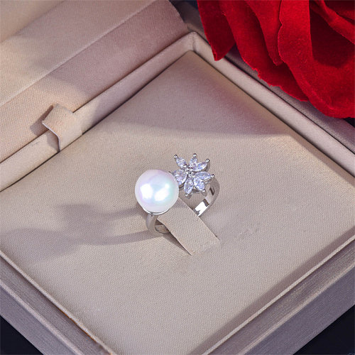 Women's Personalized Big Pearl and diamond flower ring
