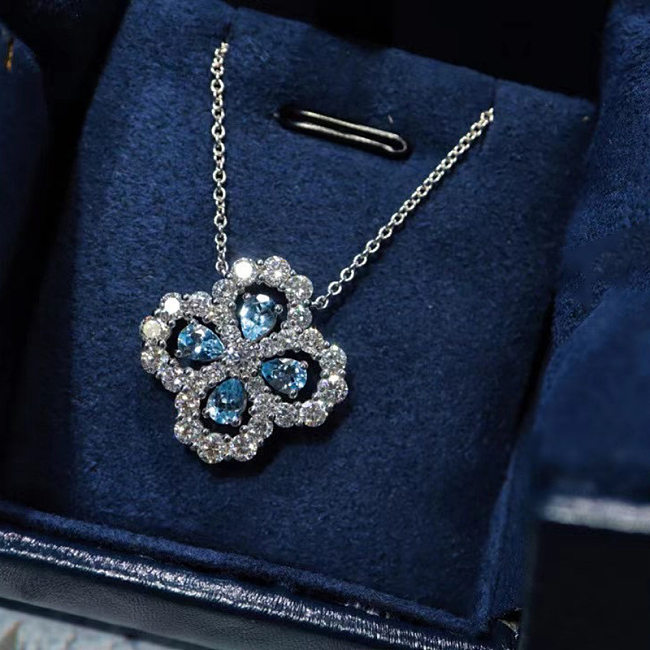 Aquamarine Diamond Four Leaf Clover Necklace for Women