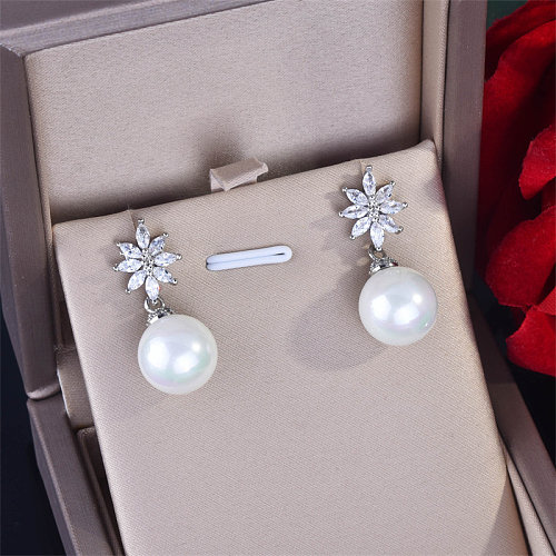 Women's Personalized Big Pearl and diamond flower earrings