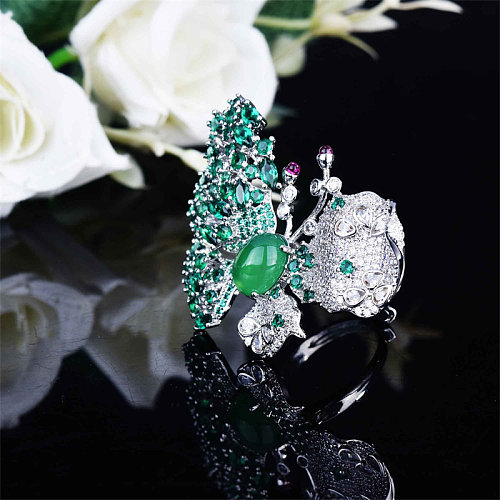 Women's Natural Green Jade butterfly ring with green diamond