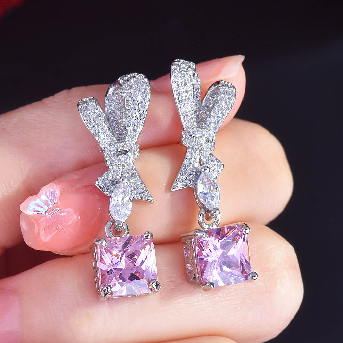 Rosenquarz-Diamant-Bogen-Ohrringe für Frauen