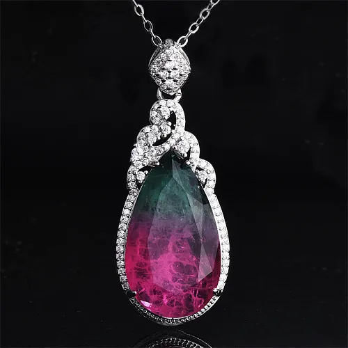 18k rose gold natural watermelon tourmaline diamond pendant for women