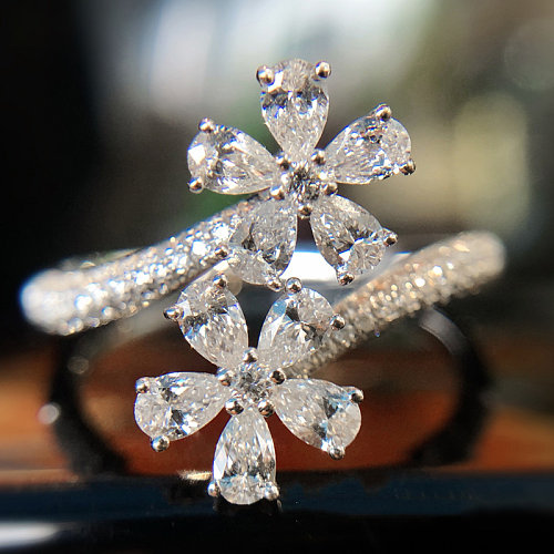 lindos anéis de flores de ouro branco com diamantes para mulheres