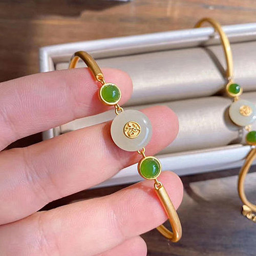 pulsera de oro fino de lujo con jade esmeralda para mujer