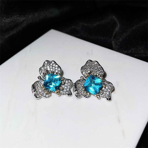 Pendientes de flor de topacio azul de moda para mujer con diamante