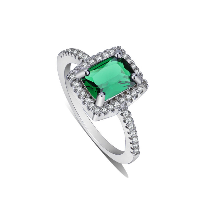 Anillos bonitos de diamantes cuadrados verdes chapados en plata para mujer.