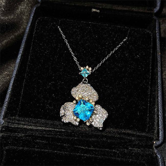 Women's Fashion Blue Topaz Flower Necklace With diamond