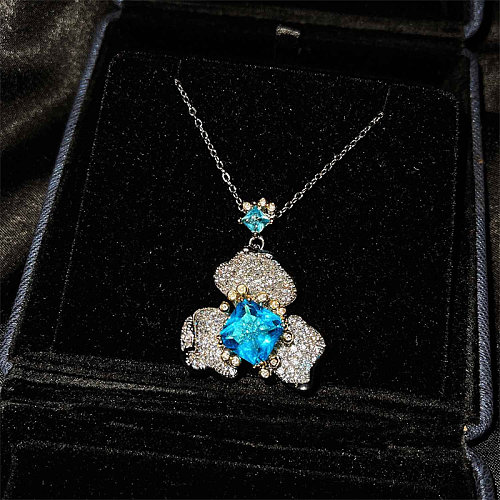 Colar de flor de topázio azul moda feminina com diamante