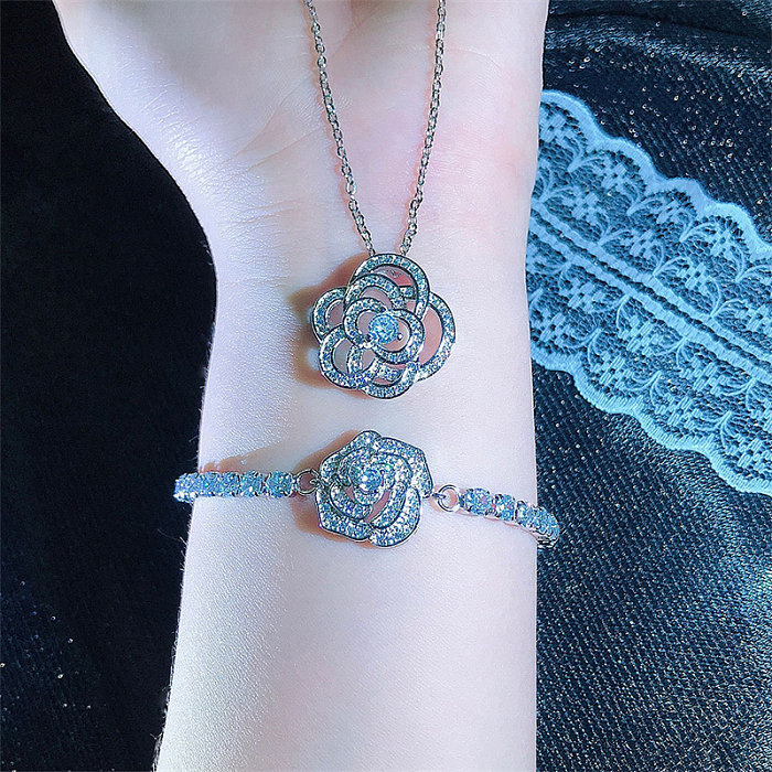 Women's Diamond Flower Rose Pendant and Bracelet Set