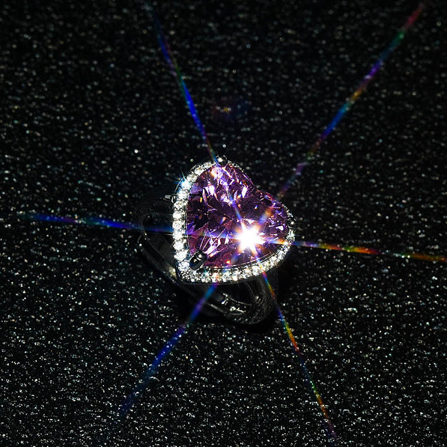 Anéis femininos ajustáveis ​​com diamante de coração de ametista