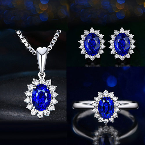 Conjunto de brinco de anel e pingente de safira de diamante feminino
