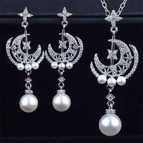 Ensemble pendentif et boucles d'oreilles diamant Moon Star Pearl pour femme