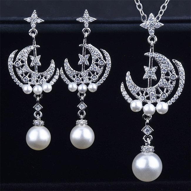 Women's Moon Star Pearl Diamond Pendant & Earring Set