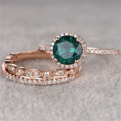 14k rose gold emerald wedding ring set