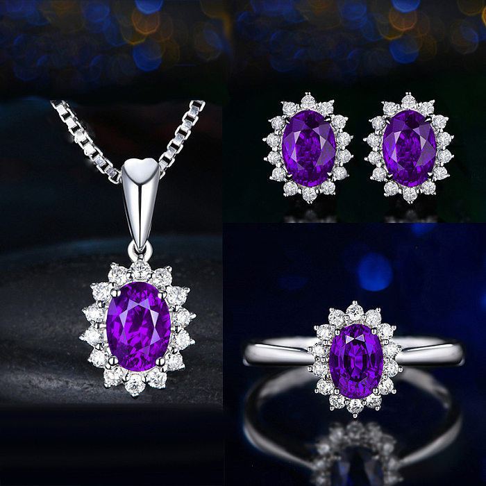 Conjunto de brinco de anel e pingente de safira de diamante feminino