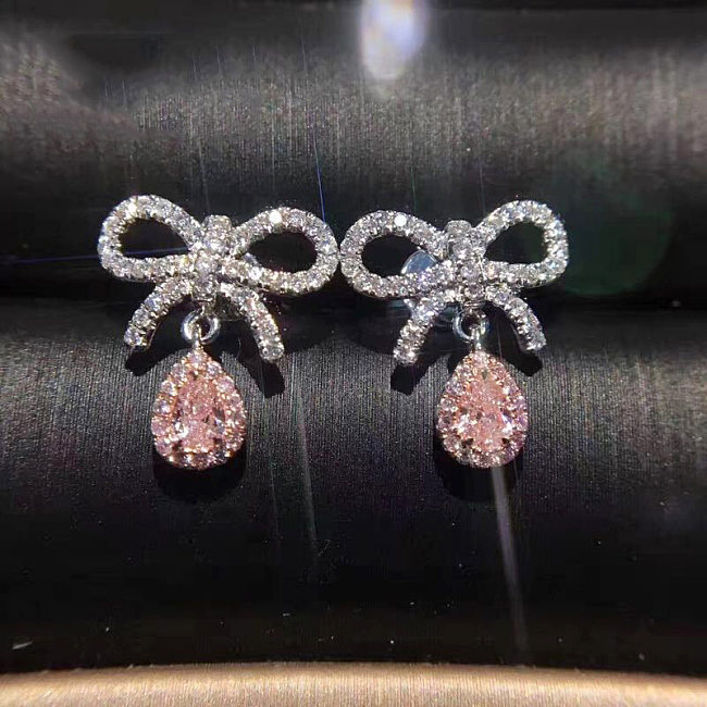 Cute Rose Quartz Diamond Bow Stud Earrings for Women
