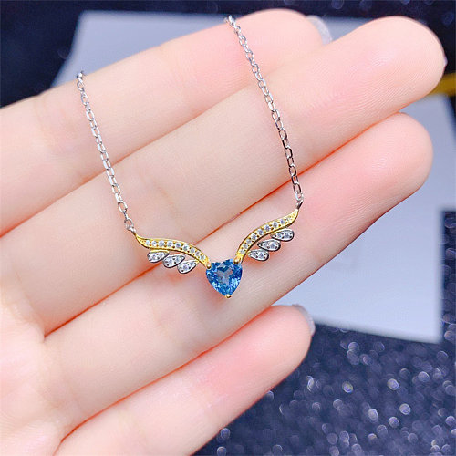 Women's angel wings necklace with Diamond and Sapphire heart
