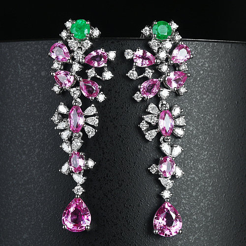 Boucles d'oreilles longues en quartz rose avec diamants et émeraude naturelle pour femme