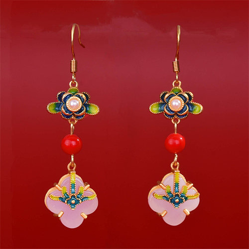 antique gold lotus earrings with pink jade for women