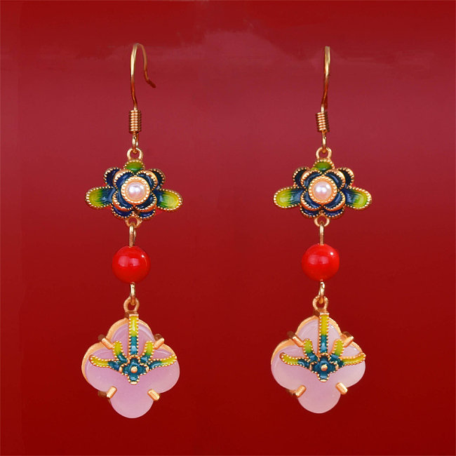 boucles d'oreilles lotus en or antique avec jade rose pour femme