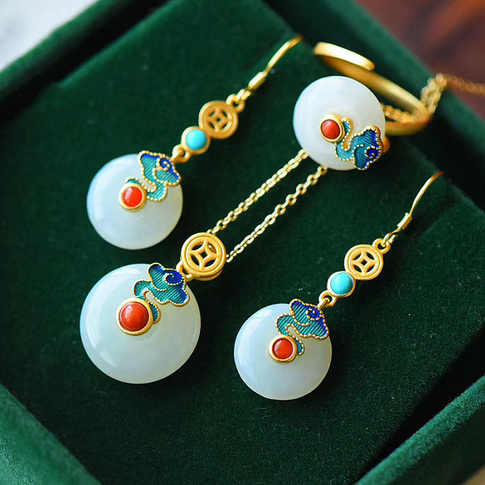 Women's Antique Jade Gold Pendant & Ring Earring Set
