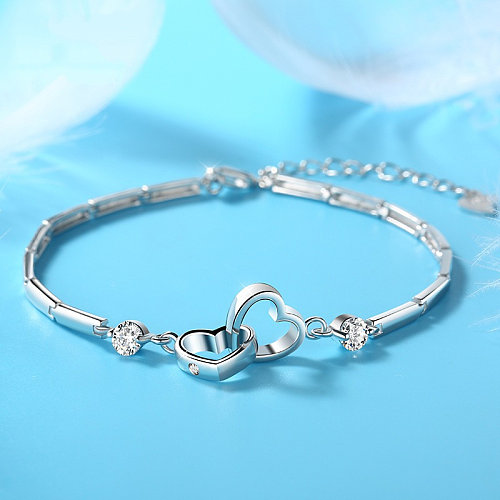 pulseiras de coração duplo banhadas a prata simples para mulheres