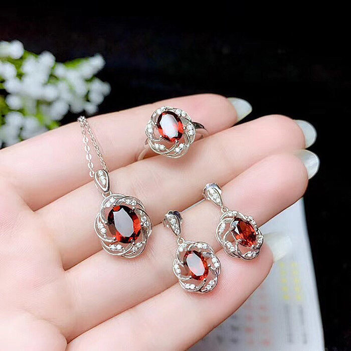 Conjunto de brincos e anel simples de colar de rubi vermelho natural para mulheres