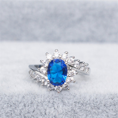 lindo anel de diamante de safira banhado a prata para mulheres
