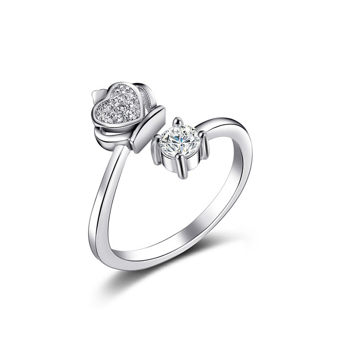 anillos ajustables chapados en plata con corazón de diamantes para parejas