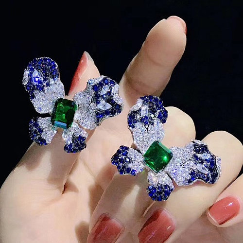 Anéis ajustáveis ​​de borboleta moda diamante esmeralda para mulheres