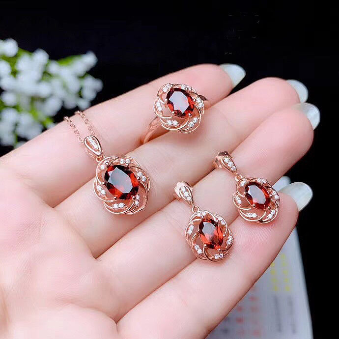 Conjunto de brincos e anel simples de colar de rubi vermelho natural para mulheres