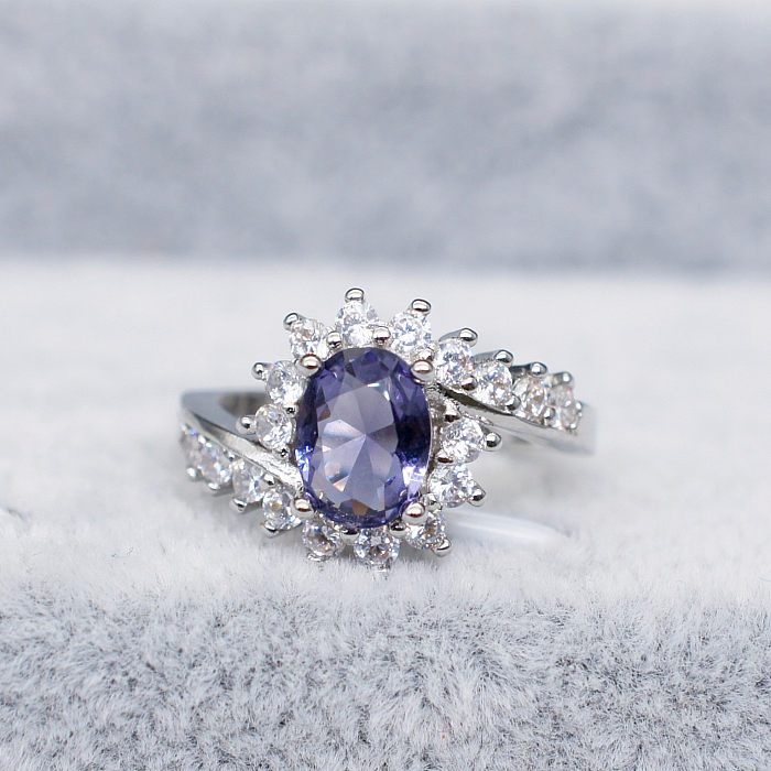 lindo anel de diamante de safira banhado a prata para mulheres