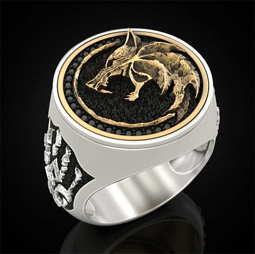 mens antique silver plated wizard wolf ring