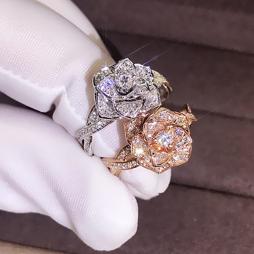 anéis de flor rosa de ouro rosa 18k com diamantes para mulheres