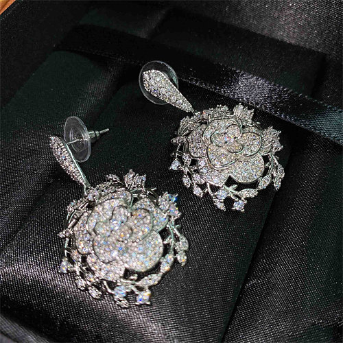 Pendientes mujer flor rosa con diamante