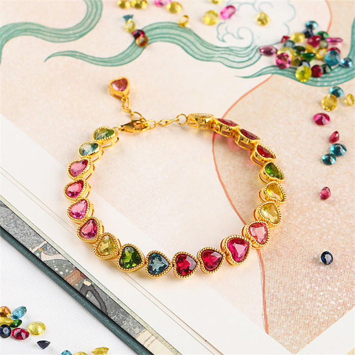 hermosas pulseras de oro 18k con corazon de piedras de colores para mujer