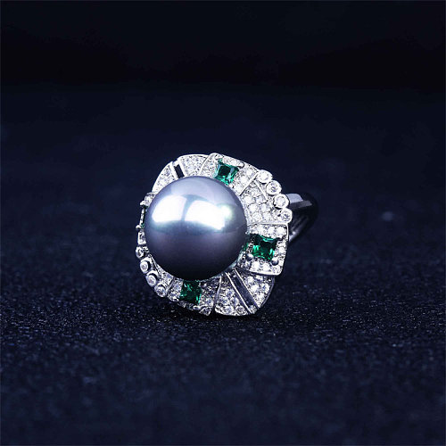 Bague femme perle noire réglable avec diamant