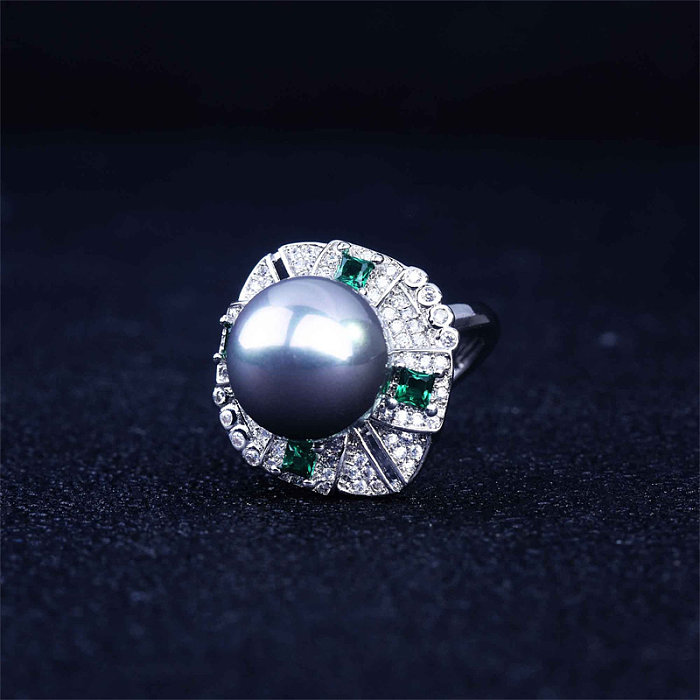 Verstellbarer schwarzer Perlenring für Damen mit Diamant