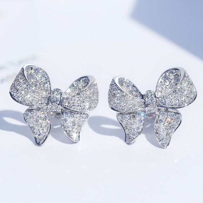 Women's Luxury 18k White Gold Bow Stud Earrings